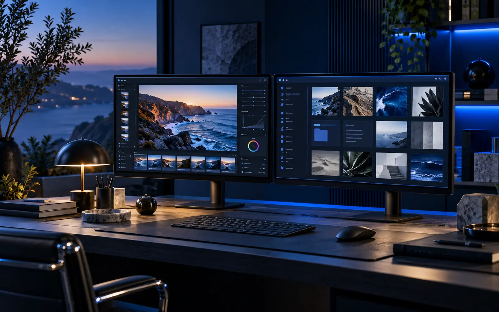 Illustrative creative and productivity workspace on two displays