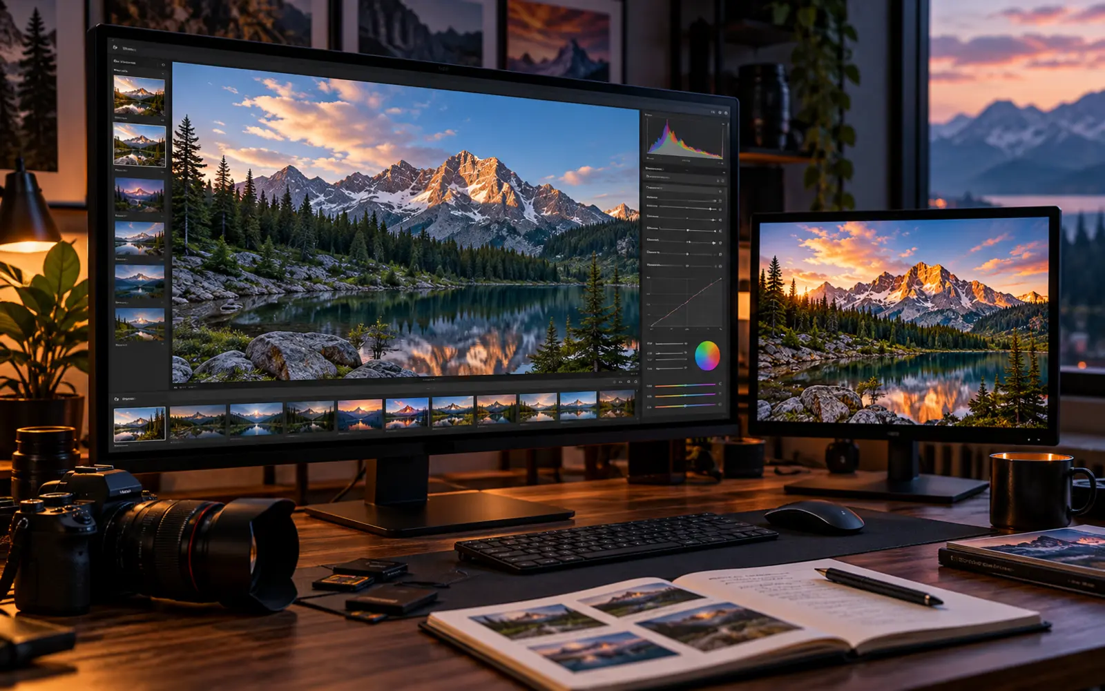 Illustrative creative workspace with photo editing on a desktop monitor