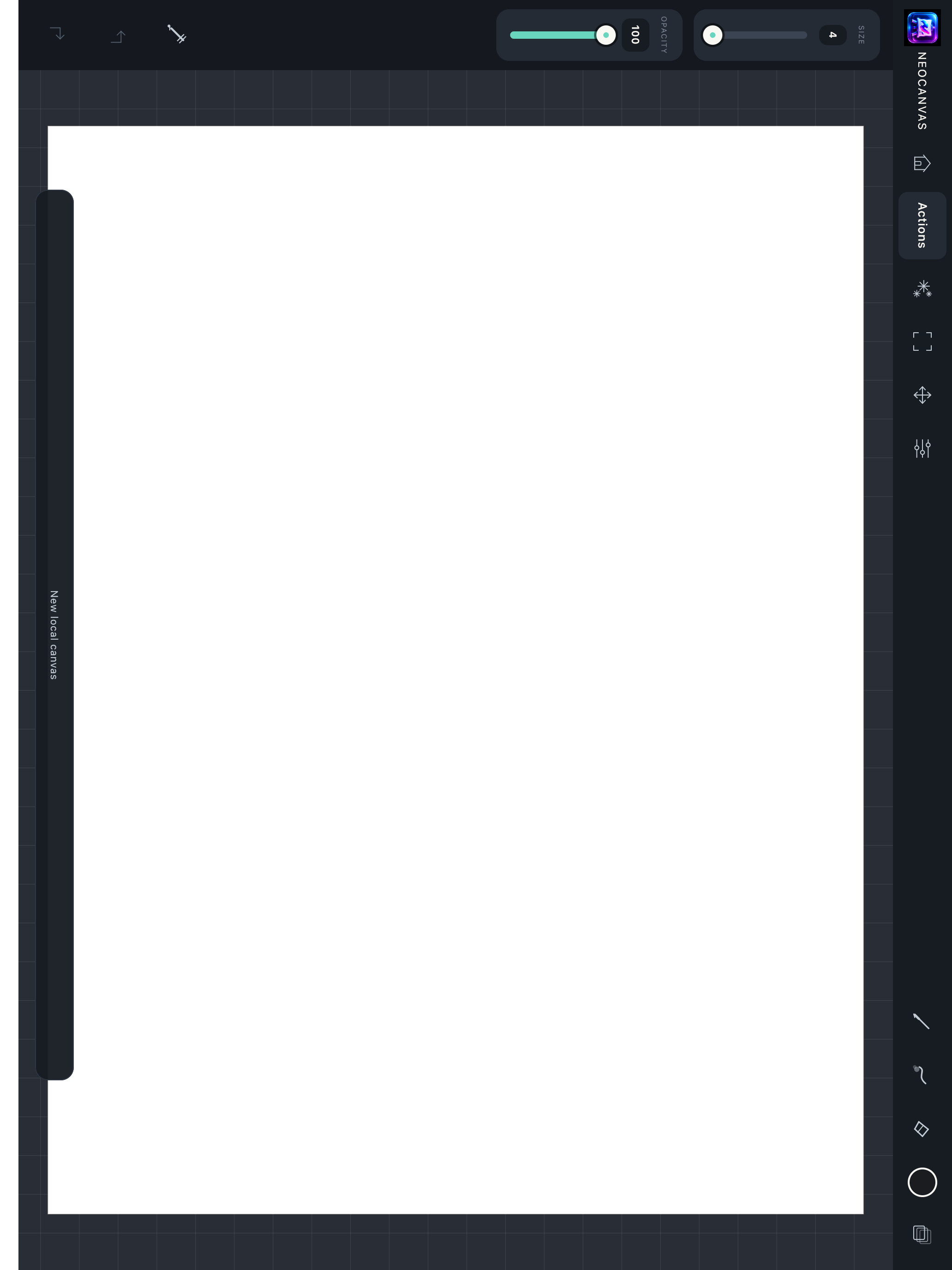 NeoCanvas editor displaying a blank drawing canvas on iPad