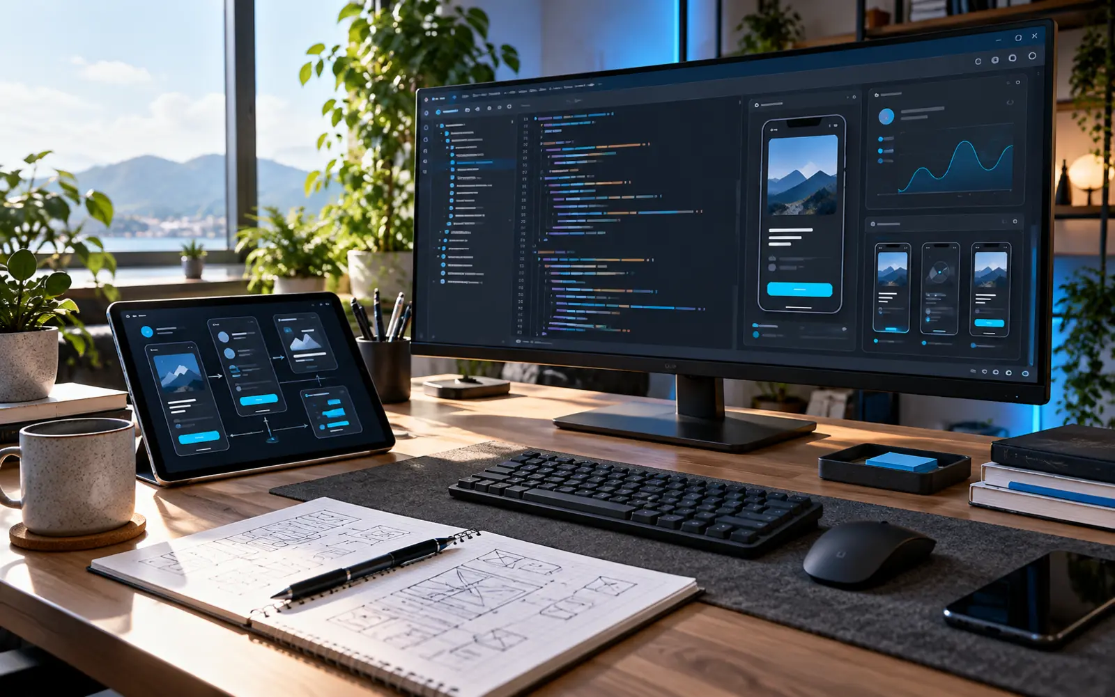 Illustrative contributor workspace with design prototypes
